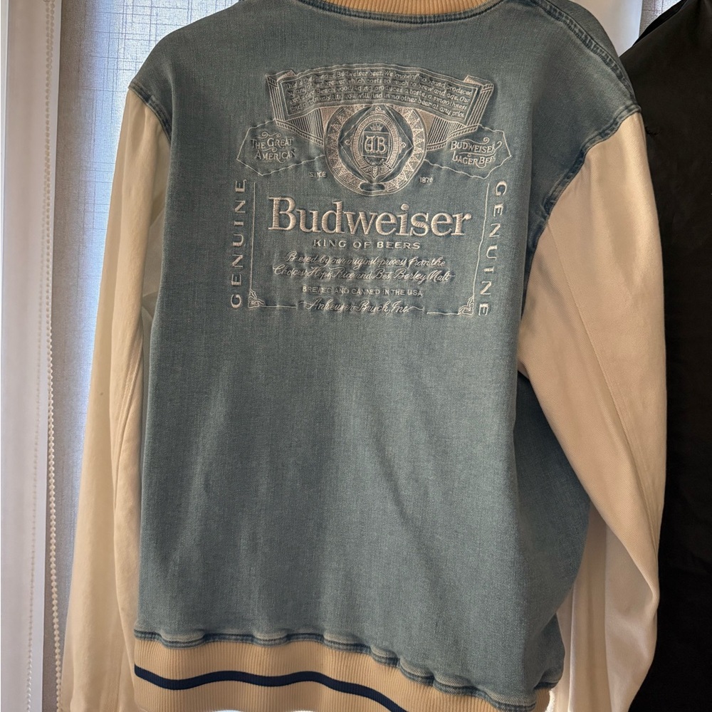 Budweiser Men's Denim Blue and Cream Bomber Varsity Jacket
